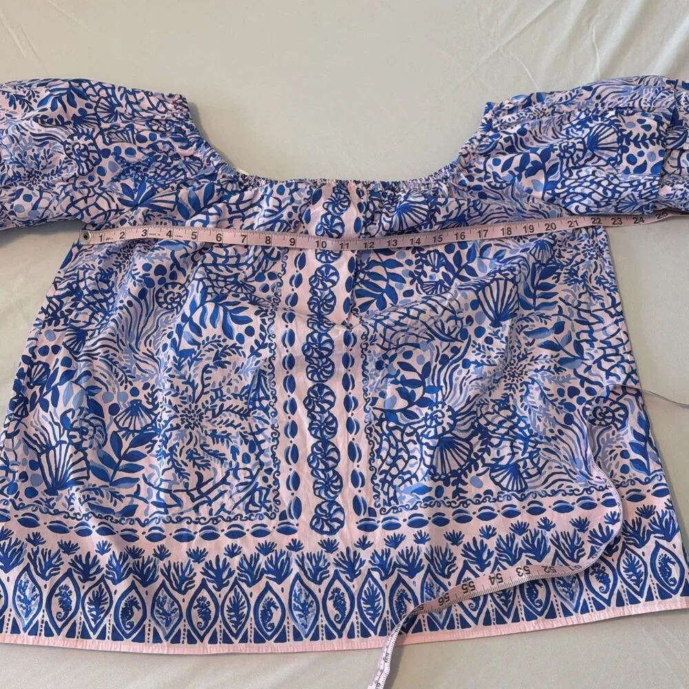 Lilly Pulitzer Off The Shoulder Top Sz XL Frankee Puff Sleeve Pink Blue Sea NWOT